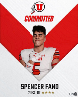 Spencer Fano in a Utah University uniform announcing his commitment.