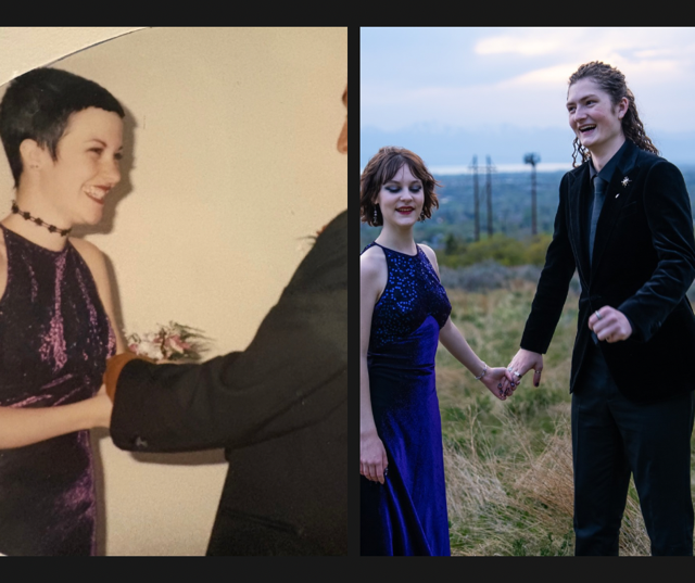 Prom photo taken in 1997 (left). 
Prom photo taken in 2025 (right)